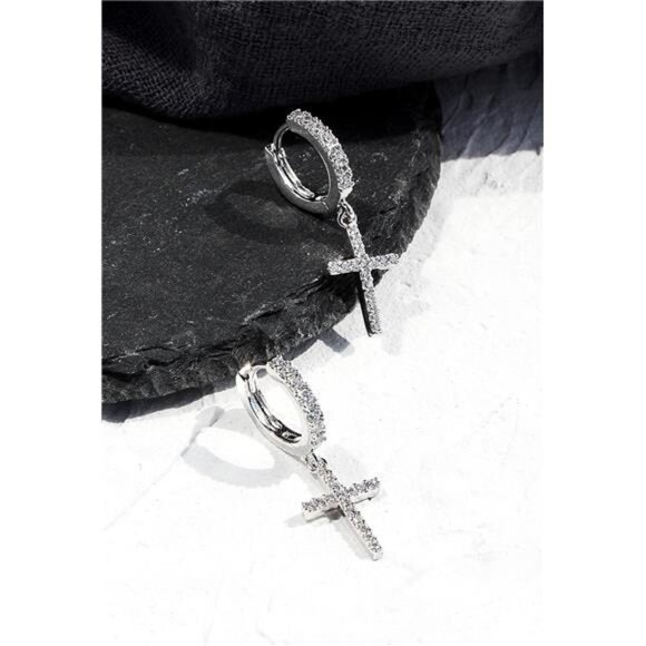 14K Gold Plated Drop Dangle Cross Hoop Earrings Trendy Gold Cross Earrings Men - Picture 3 of 5